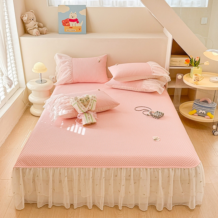 91家纺网 家纺一手货源 找家纺 蓝邻家纺 2025春夏新款PE提花雪纺+绣花花边凉席席子 夏花-粉