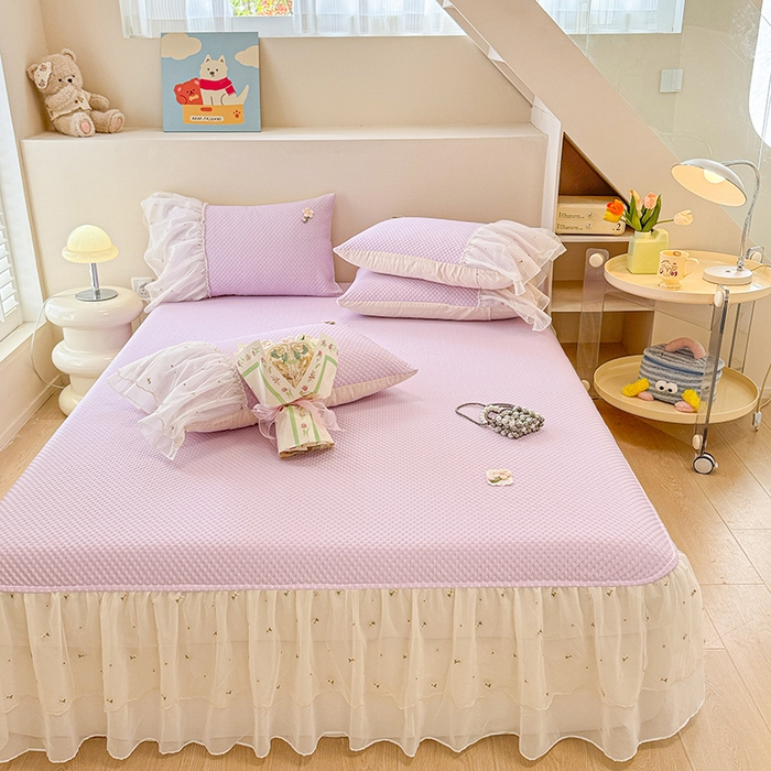 91家纺网 家纺一手货源 找家纺 蓝邻家纺 2025春夏新款PE提花雪纺+绣花花边凉席席子 夏花-紫