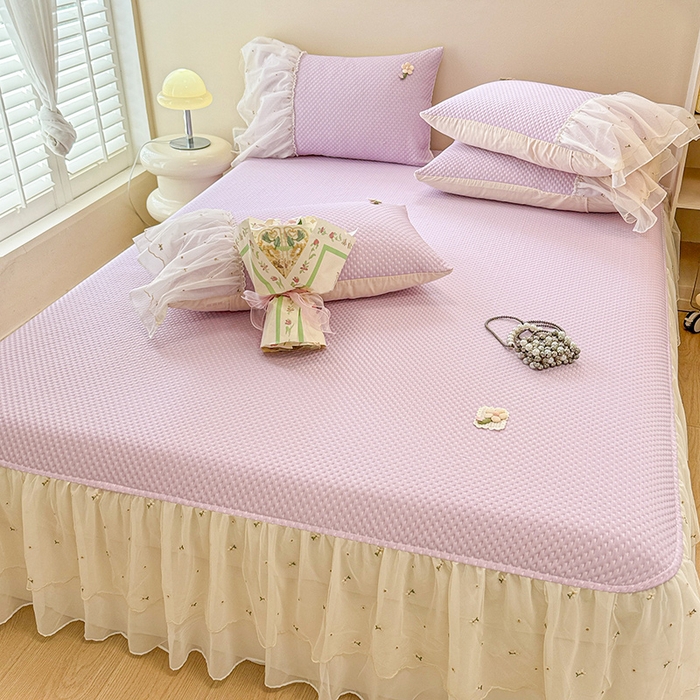 91家纺网 家纺一手货源 找家纺 蓝邻家纺 2025春夏新款PE提花雪纺+绣花花边凉席席子 夏花-紫