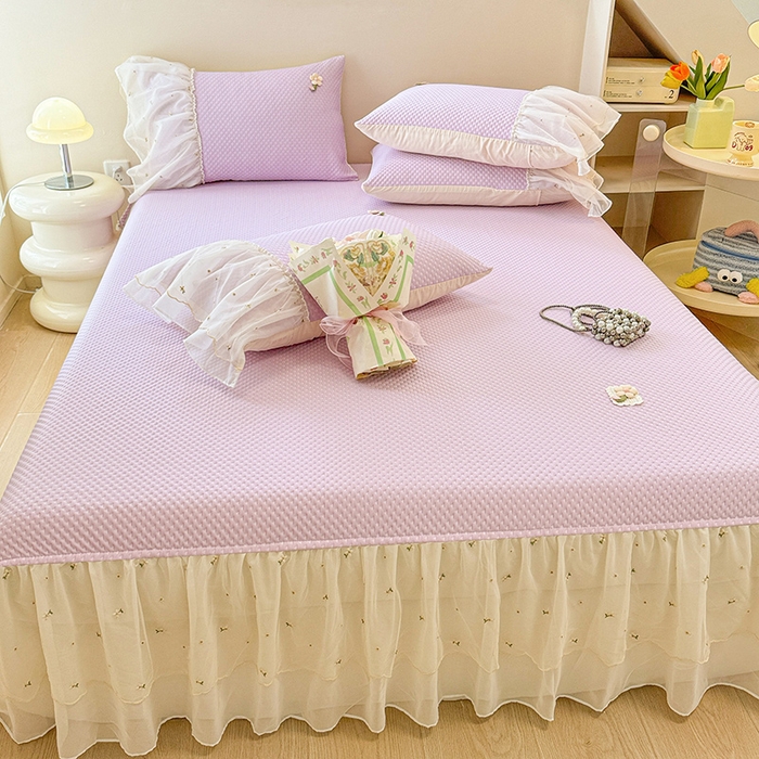 91家纺网 家纺一手货源 找家纺 蓝邻家纺 2025春夏新款PE提花雪纺+绣花花边凉席席子 夏花-紫