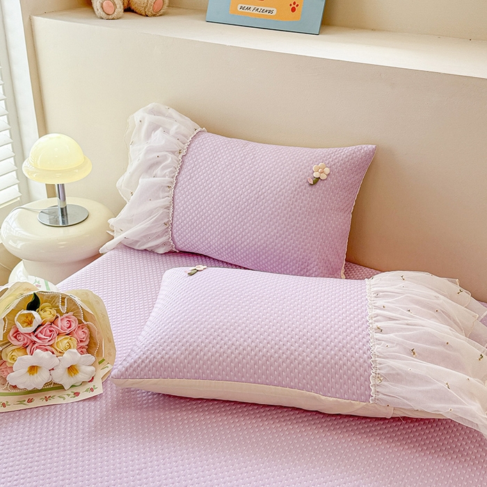 91家纺网 家纺一手货源 找家纺 蓝邻家纺 2025春夏新款PE提花雪纺+绣花花边凉席席子 夏花-紫