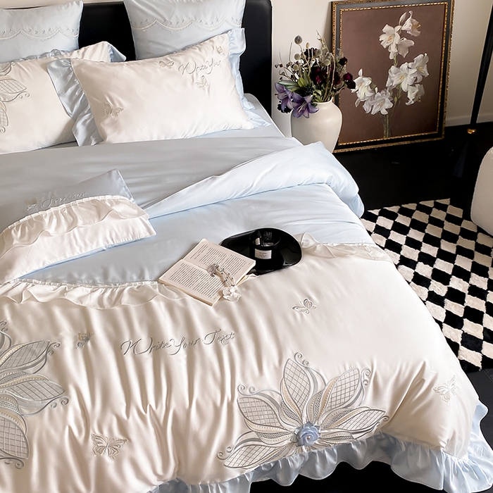 91家纺网 家纺一手货源 找家纺 曼布缇 2025新款A类莱赛尔竹纤维绣花四件套-海伦娜 海伦娜-蓝 券后368起 会员减20