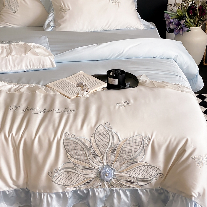 91家纺网 家纺一手货源 找家纺 曼布缇 2025新款A类莱赛尔竹纤维绣花四件套-海伦娜 海伦娜-蓝 券后368起 会员减20