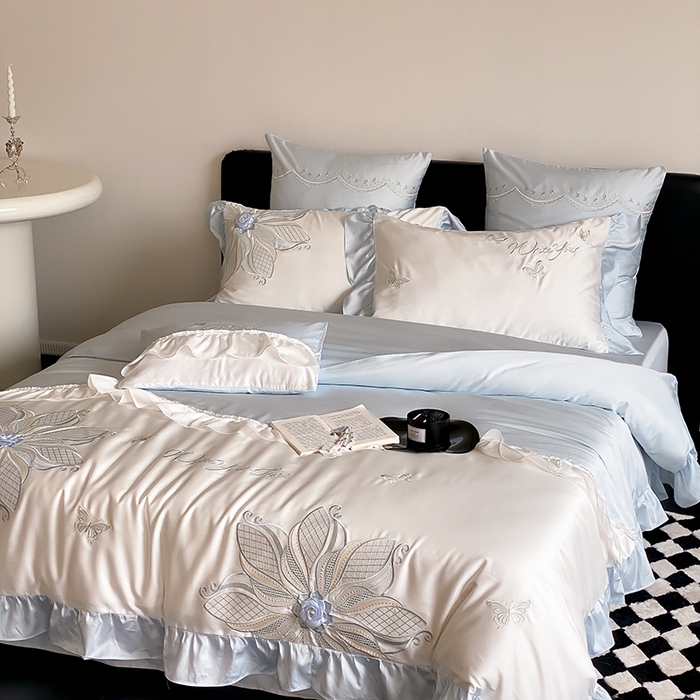 91家纺网 家纺一手货源 找家纺 曼布缇 2025新款A类莱赛尔竹纤维绣花四件套-海伦娜 海伦娜-蓝 券后368起 会员减20