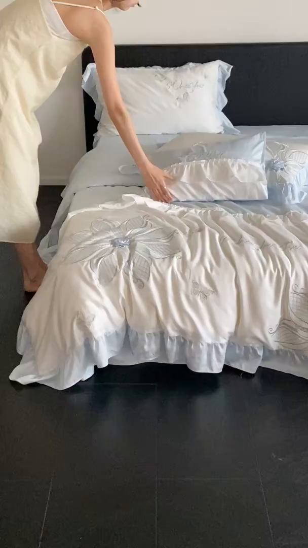 91家纺网 家纺一手货源 找家纺 曼布缇 2025新款A类莱赛尔竹纤维绣花四件套-海伦娜 海伦娜-蓝 券后368起 会员减20