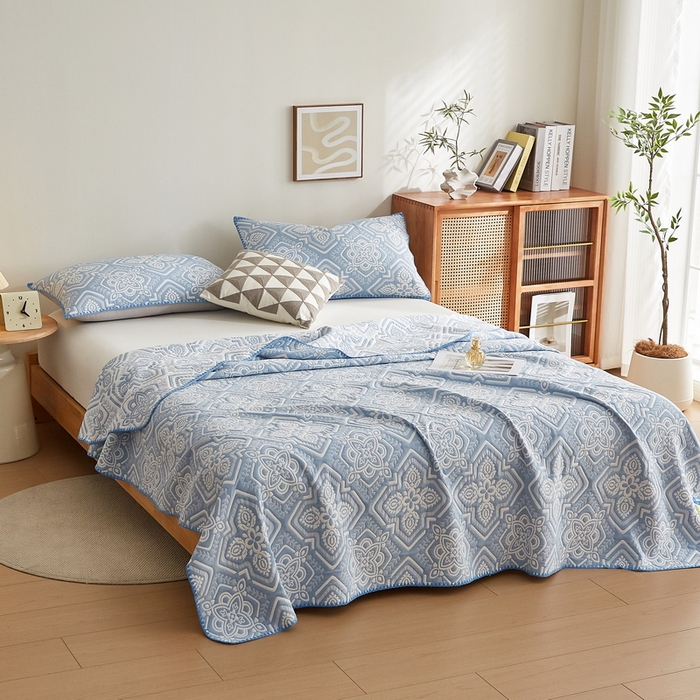 91家纺网 家纺一手货源 找家纺 梦镜家纺 2025新款A类针织双层纱盖毯毯子 花韵-薄雾蓝