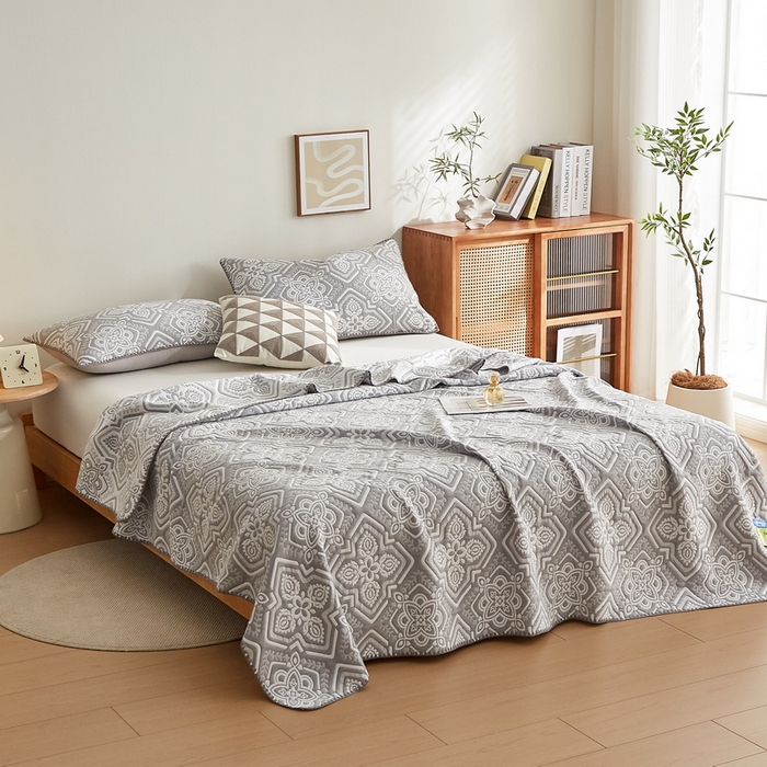 91家纺网 家纺一手货源 找家纺 梦镜家纺 2025新款A类针织双层纱盖毯毯子 花韵-淡雅灰