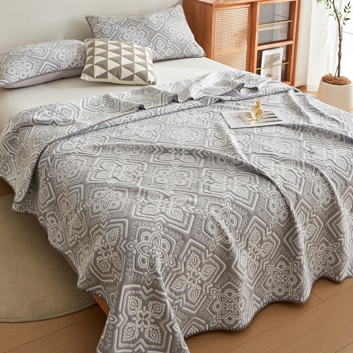 91家纺网 家纺一手货源 找家纺 梦镜家纺 2025新款A类针织双层纱盖毯毯子 花韵-淡雅灰