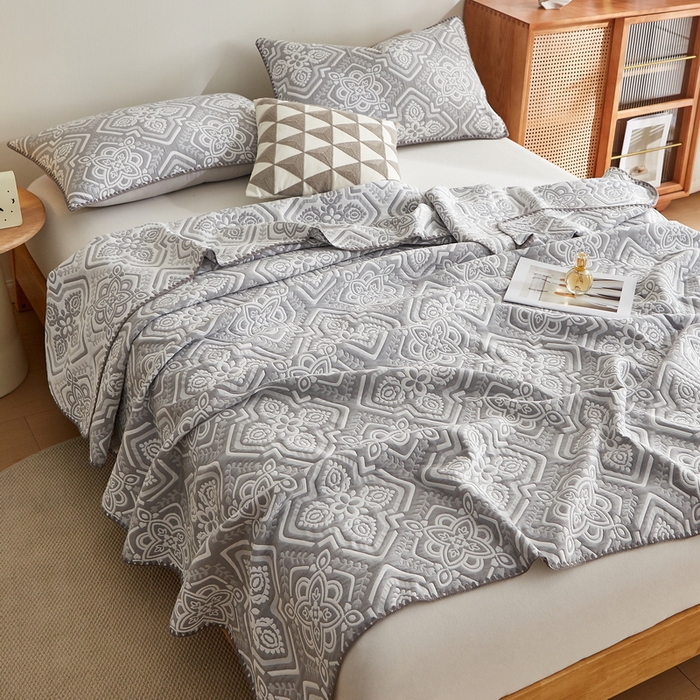 91家纺网 家纺一手货源 找家纺 梦镜家纺 2025新款A类针织双层纱盖毯毯子 花韵-淡雅灰