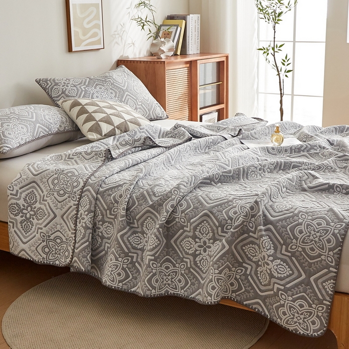 91家纺网 家纺一手货源 找家纺 梦镜家纺 2025新款A类针织双层纱盖毯毯子 花韵-淡雅灰