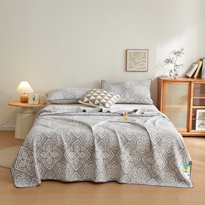 91家纺网 家纺一手货源 找家纺 梦镜家纺 2025新款A类针织双层纱盖毯毯子 花韵-淡雅灰