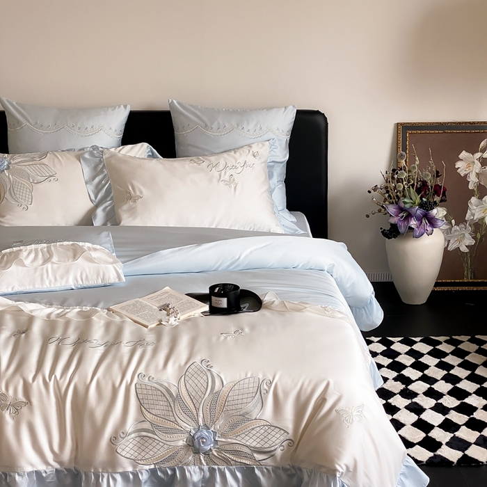 91家纺网 家纺一手货源 找家纺 曼布缇 2025新款A类莱赛尔竹纤维绣花四件套-海伦娜 海伦娜-蓝 券后368起 会员减20