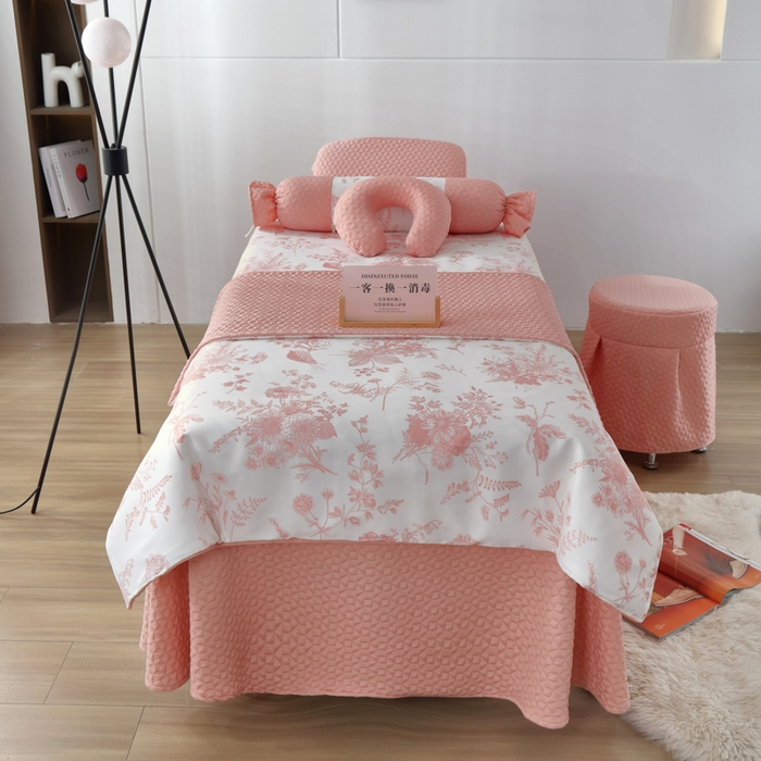 91家纺网 家纺一手货源 找家纺 琪宝阁 2025新款美容床罩四件套美容院专用套件-小风车系列 小风车-粉色