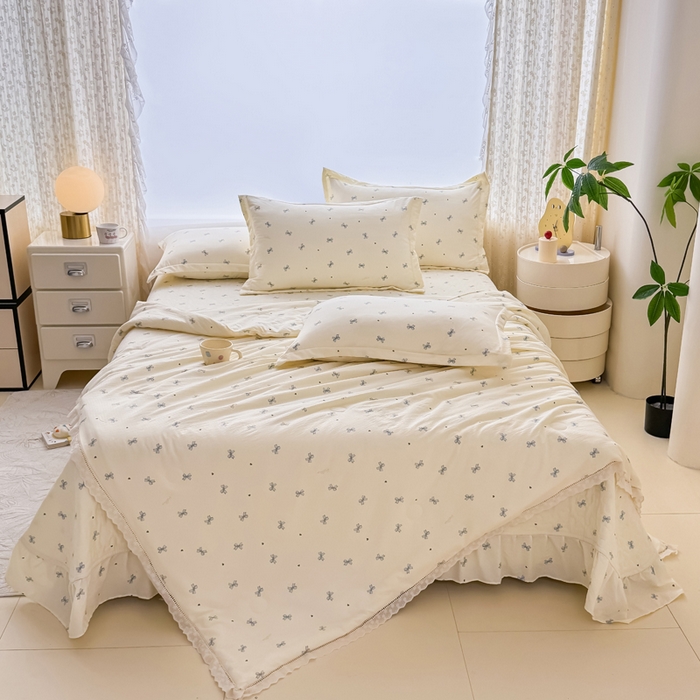 91家纺网 家纺一手货源 找家纺 梦可莱家居 2025夏季新款木棉夏被镂空花边床盖四件套 蝴蝶兰