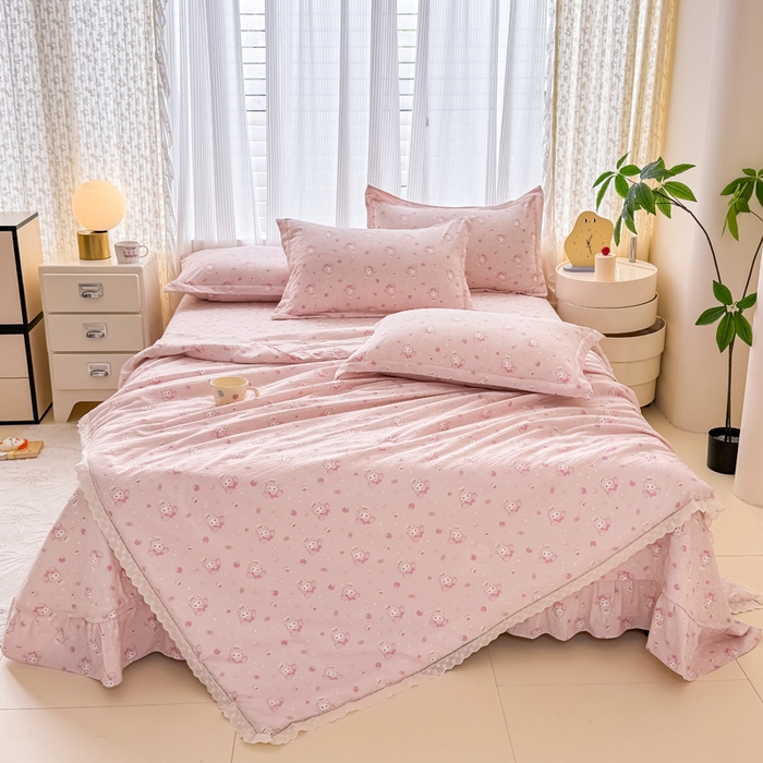 91家纺网 家纺一手货源 找家纺 梦可莱家居 2025夏季新款木棉夏被镂空花边床盖四件套 可爱猫