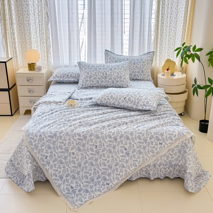 91家纺网 家纺一手货源 找家纺 梦可莱家居 2025夏季新款木棉夏被镂空花边床盖四件套 兰芝