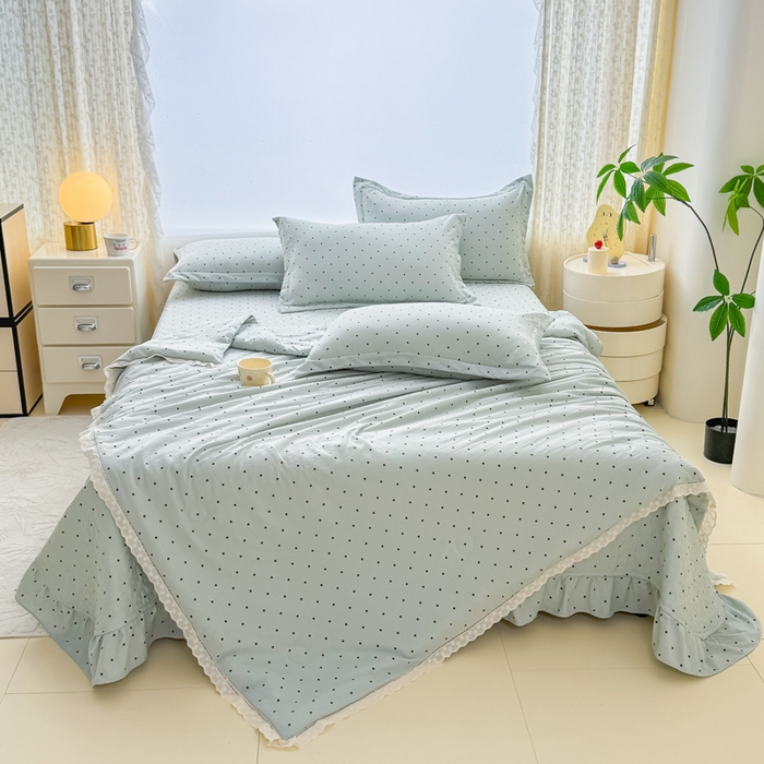91家纺网 家纺一手货源 找家纺 梦可莱家居 2025夏季新款木棉夏被镂空花边床盖四件套 绿色波点