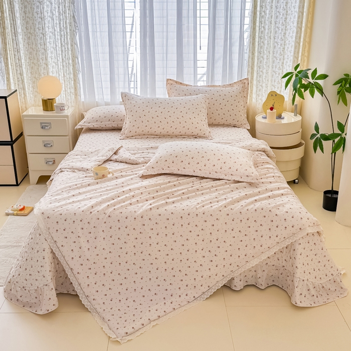 91家纺网 家纺一手货源 找家纺 梦可莱家居 2025夏季新款木棉夏被镂空花边床盖四件套 玫瑰卡