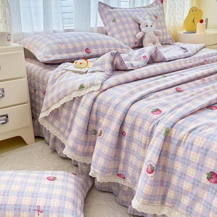 91家纺网 家纺一手货源 找家纺 梦可莱家居 2025夏季新款木棉夏被镂空花边床盖四件套 草莓