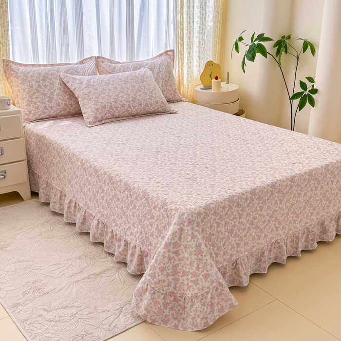 91家纺网 家纺一手货源 找家纺 梦可莱家居 2025夏季新款木棉夏被镂空花边床盖四件套 粉色妆容