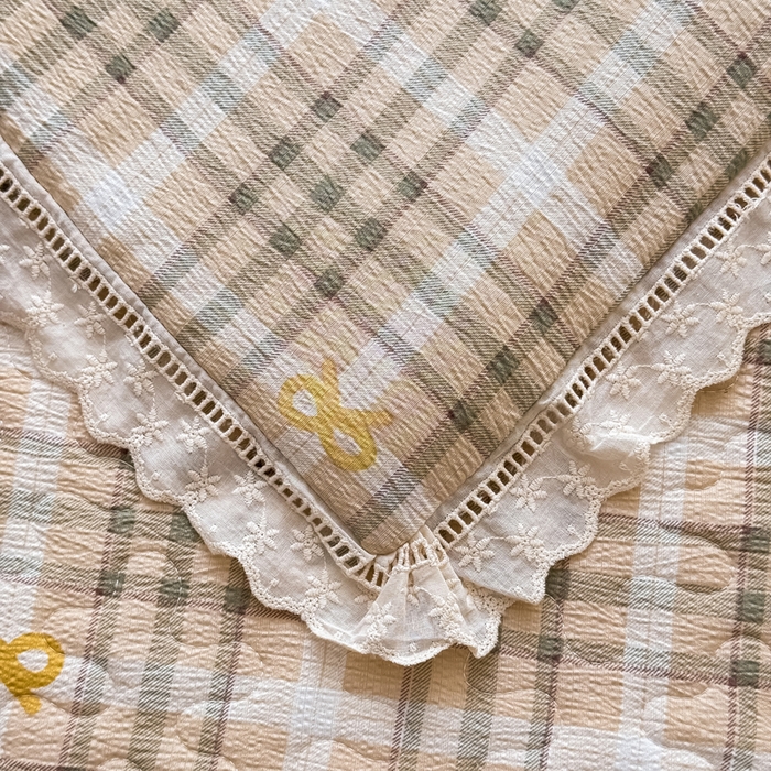 91家纺网 家纺一手货源 找家纺 梦可莱家居 2025夏季新款木棉夏被镂空花边床盖四件套 格子蝴蝶