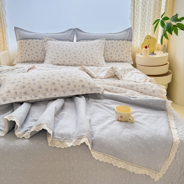 91家纺网 家纺一手货源 找家纺 梦可莱家居 2025夏季新款木棉夏被镂空花边床盖四件套 韩兰
