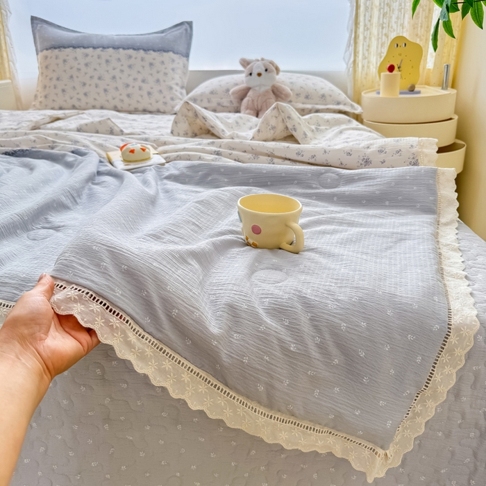 梦可莱家居 2025夏季新款木棉夏被镂空花边床盖四件套 韩兰