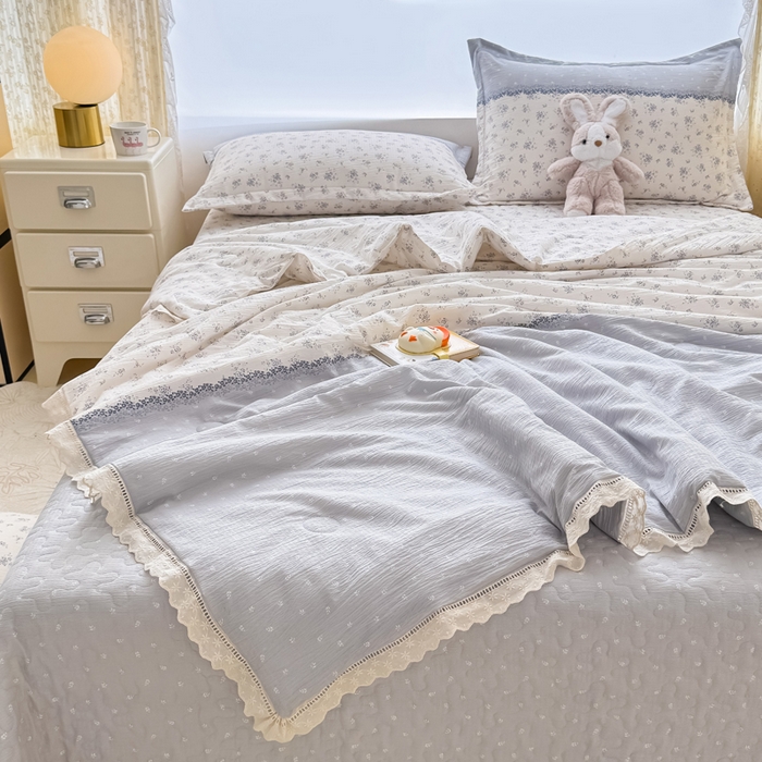 91家纺网 家纺一手货源 找家纺 梦可莱家居 2025夏季新款木棉夏被镂空花边床盖四件套 韩兰