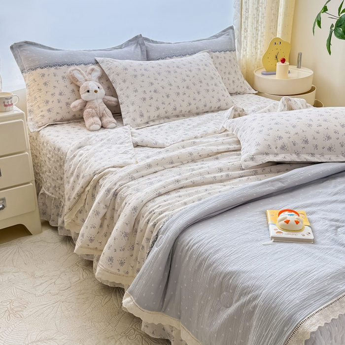 91家纺网 家纺一手货源 找家纺 梦可莱家居 2025夏季新款木棉夏被镂空花边床盖四件套 韩兰