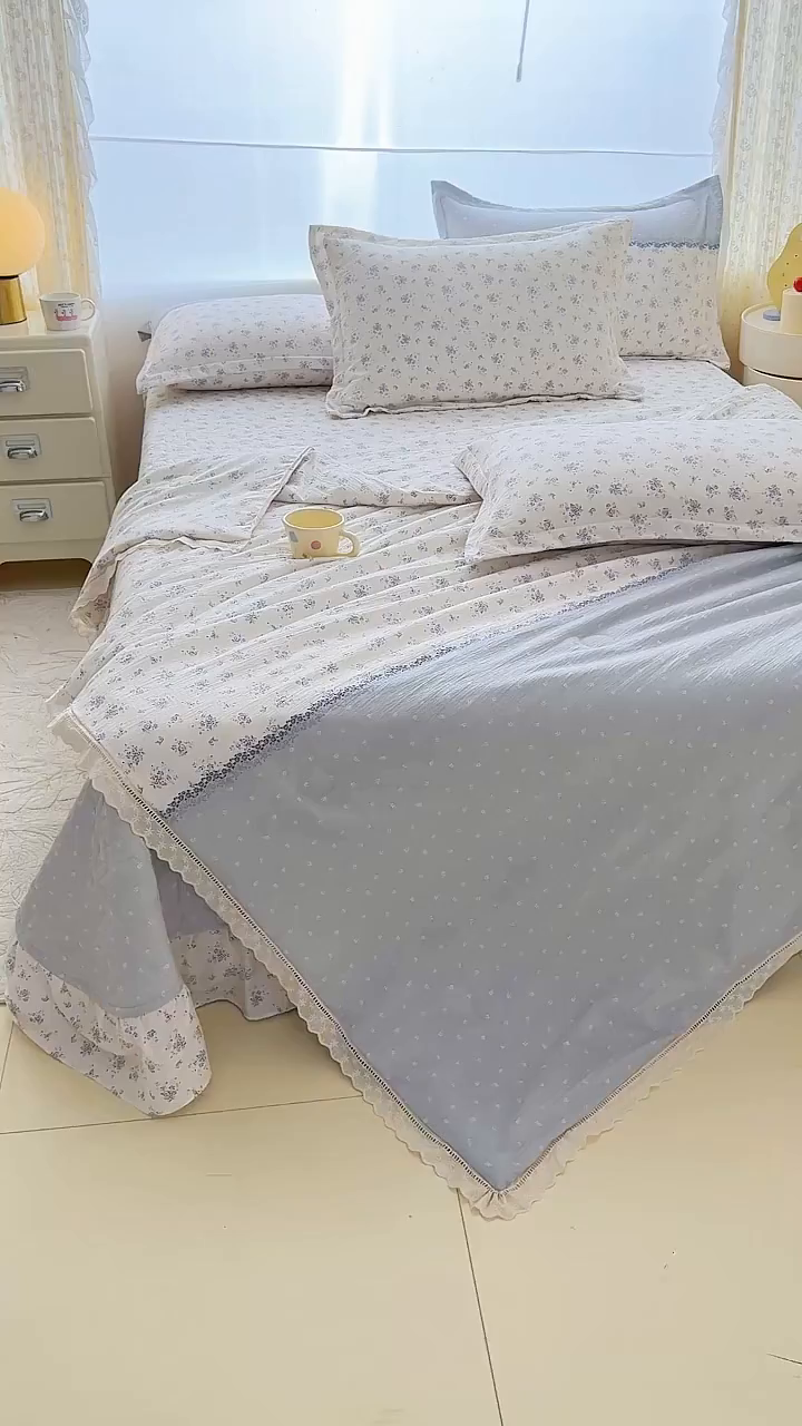 91家纺网 家纺一手货源 找家纺 梦可莱家居 2025夏季新款木棉夏被镂空花边床盖四件套 韩兰