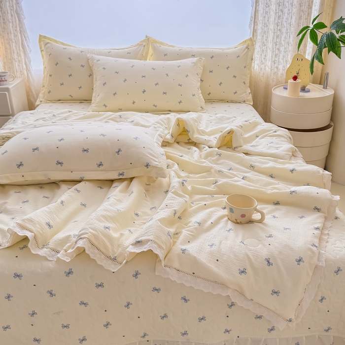 91家纺网 家纺一手货源 找家纺 梦可莱家居 2025夏季新款木棉夏被镂空花边床盖四件套 蝴蝶兰