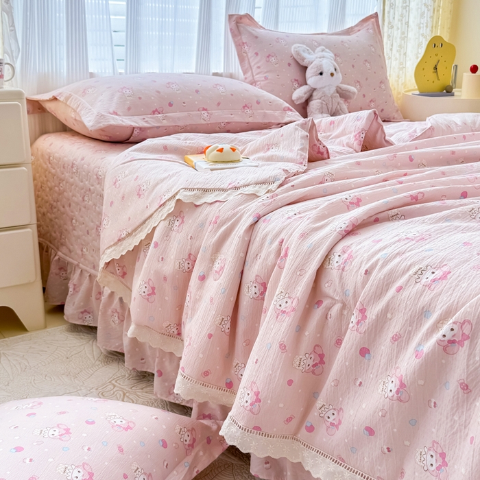 91家纺网 家纺一手货源 找家纺 梦可莱家居 2025夏季新款木棉夏被镂空花边床盖四件套 可爱猫