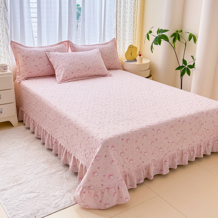 91家纺网 家纺一手货源 找家纺 梦可莱家居 2025夏季新款木棉夏被镂空花边床盖四件套 可爱猫