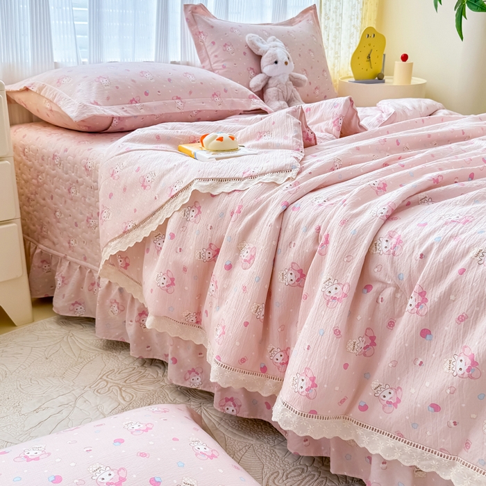 91家纺网 家纺一手货源 找家纺 梦可莱家居 2025夏季新款木棉夏被镂空花边床盖四件套 可爱猫