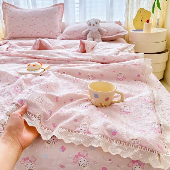 梦可莱家居 2025夏季新款木棉夏被镂空花边床盖四件套 可爱猫