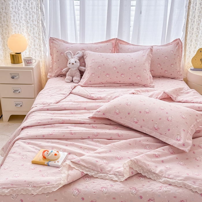 91家纺网 家纺一手货源 找家纺 梦可莱家居 2025夏季新款木棉夏被镂空花边床盖四件套 可爱猫