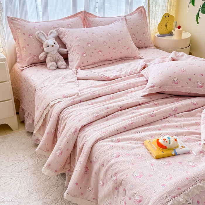 91家纺网 家纺一手货源 找家纺 梦可莱家居 2025夏季新款木棉夏被镂空花边床盖四件套 可爱猫