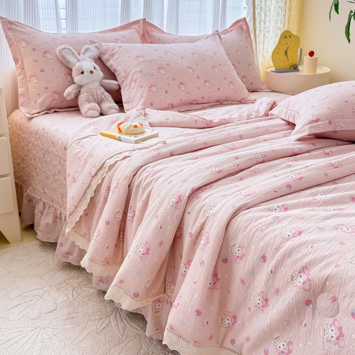 91家纺网 家纺一手货源 找家纺 梦可莱家居 2025夏季新款木棉夏被镂空花边床盖四件套 可爱猫