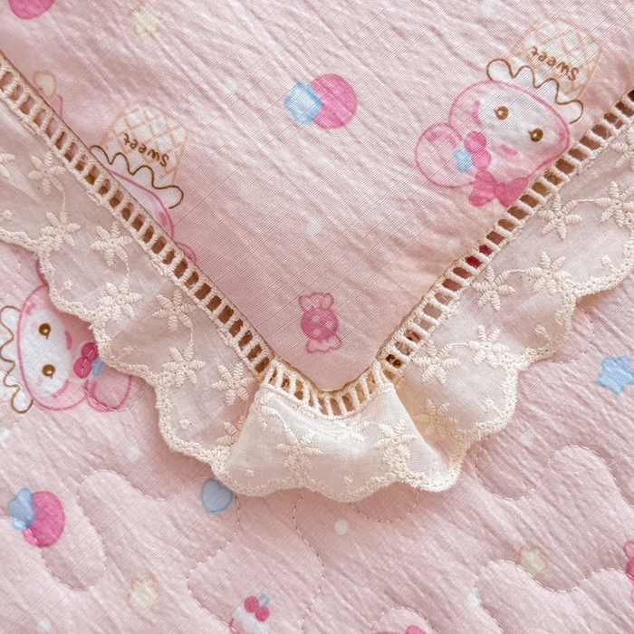 91家纺网 家纺一手货源 找家纺 梦可莱家居 2025夏季新款木棉夏被镂空花边床盖四件套 可爱猫