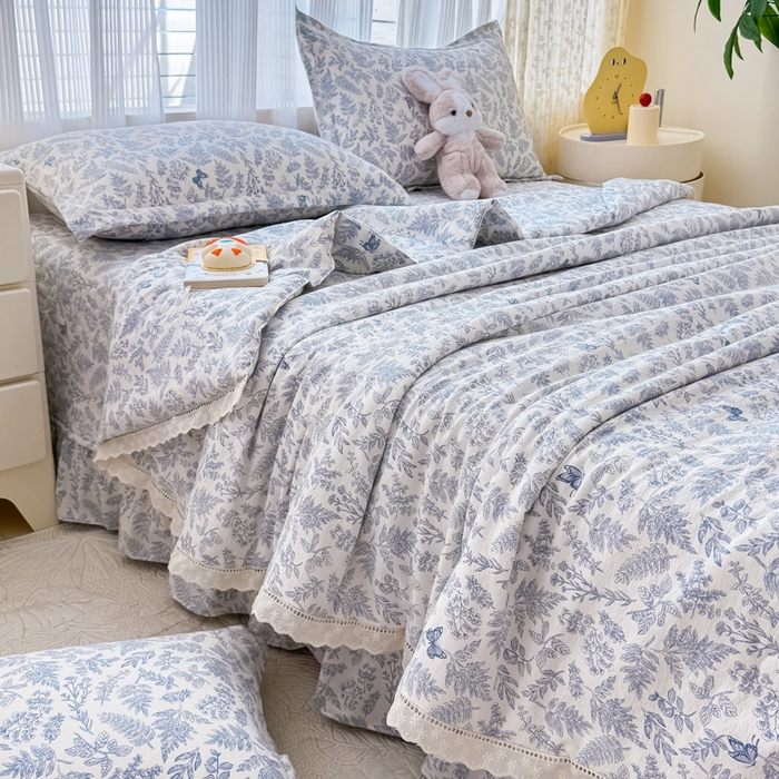 91家纺网 家纺一手货源 找家纺 梦可莱家居 2025夏季新款木棉夏被镂空花边床盖四件套 兰芝