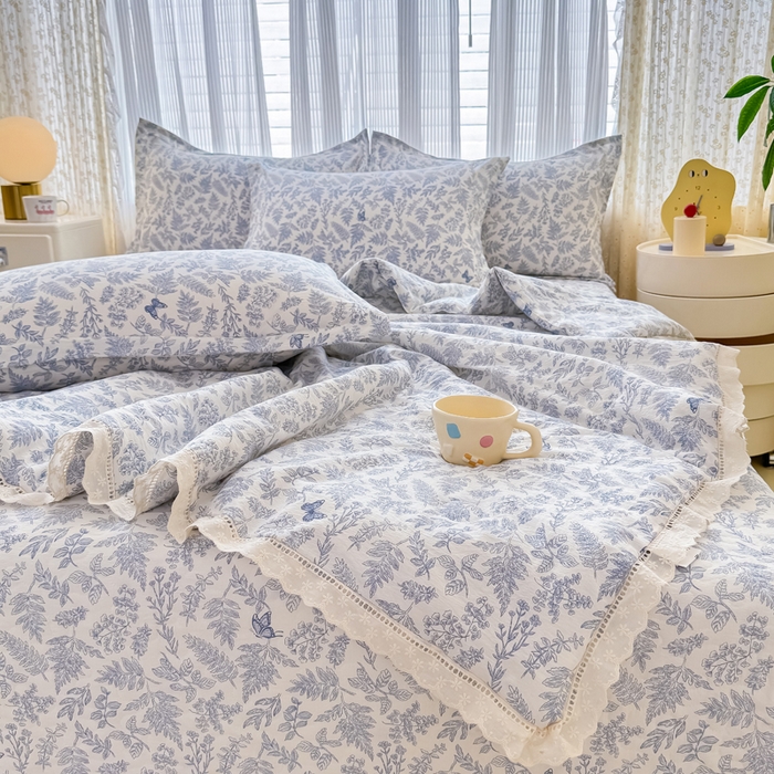 91家纺网 家纺一手货源 找家纺 梦可莱家居 2025夏季新款木棉夏被镂空花边床盖四件套 兰芝