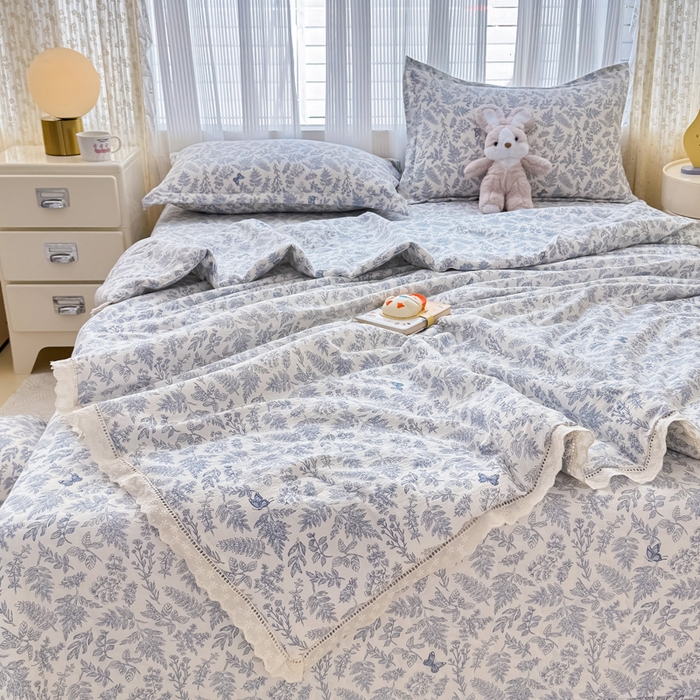 91家纺网 家纺一手货源 找家纺 梦可莱家居 2025夏季新款木棉夏被镂空花边床盖四件套 兰芝