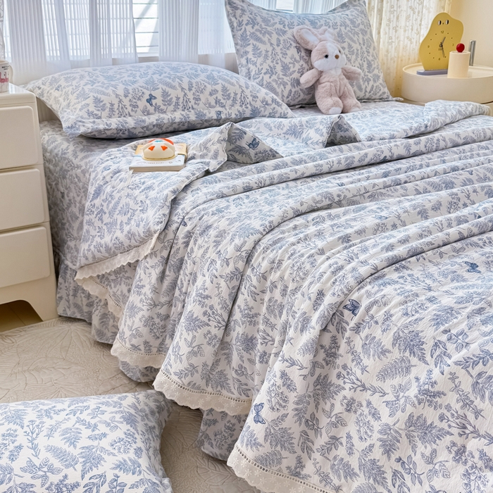 91家纺网 家纺一手货源 找家纺 梦可莱家居 2025夏季新款木棉夏被镂空花边床盖四件套 兰芝