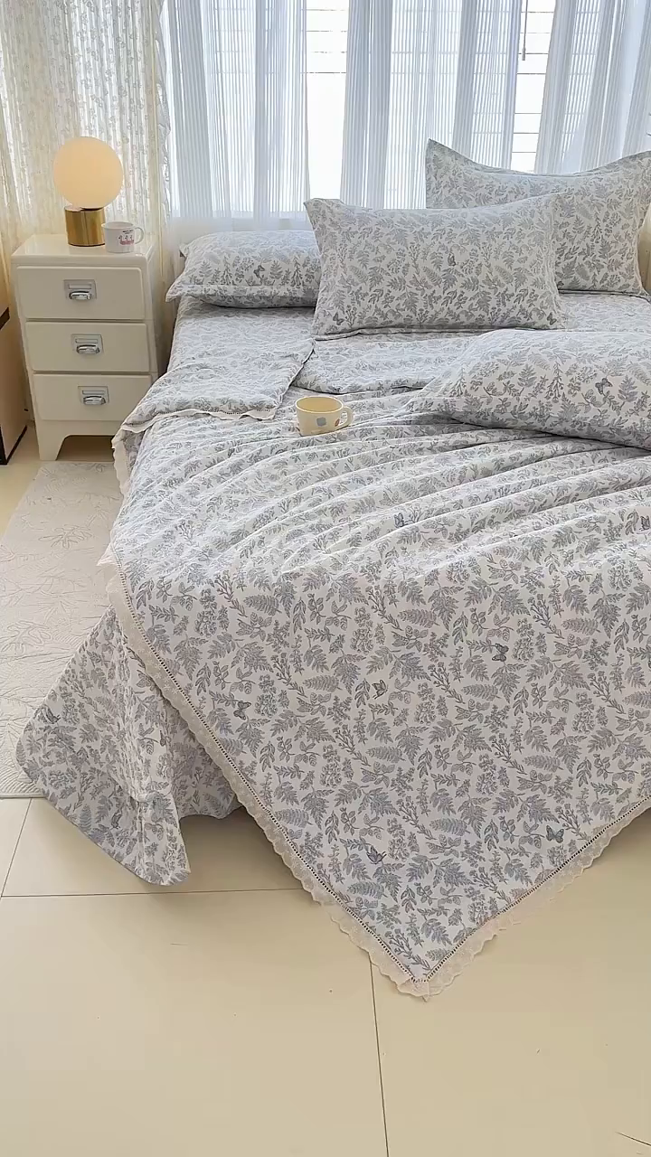 91家纺网 家纺一手货源 找家纺 梦可莱家居 2025夏季新款木棉夏被镂空花边床盖四件套 兰芝