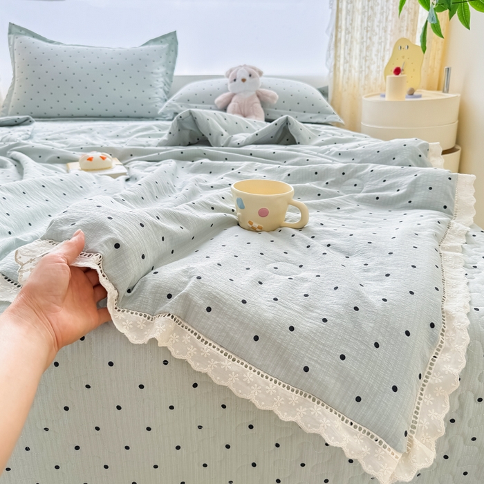 梦可莱家居 2025夏季新款木棉夏被镂空花边床盖四件套 绿色波点
