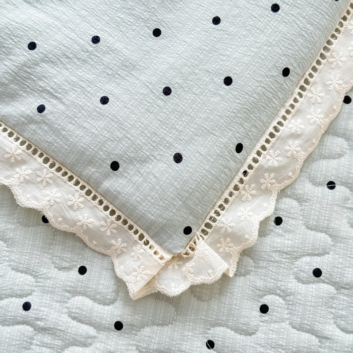 91家纺网 家纺一手货源 找家纺 梦可莱家居 2025夏季新款木棉夏被镂空花边床盖四件套 绿色波点