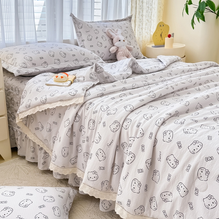 91家纺网 家纺一手货源 找家纺 梦可莱家居 2025夏季新款木棉夏被镂空花边床盖四件套 猫咪