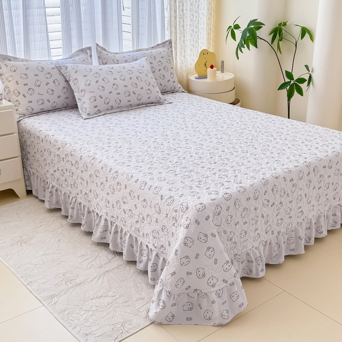 91家纺网 家纺一手货源 找家纺 梦可莱家居 2025夏季新款木棉夏被镂空花边床盖四件套 猫咪