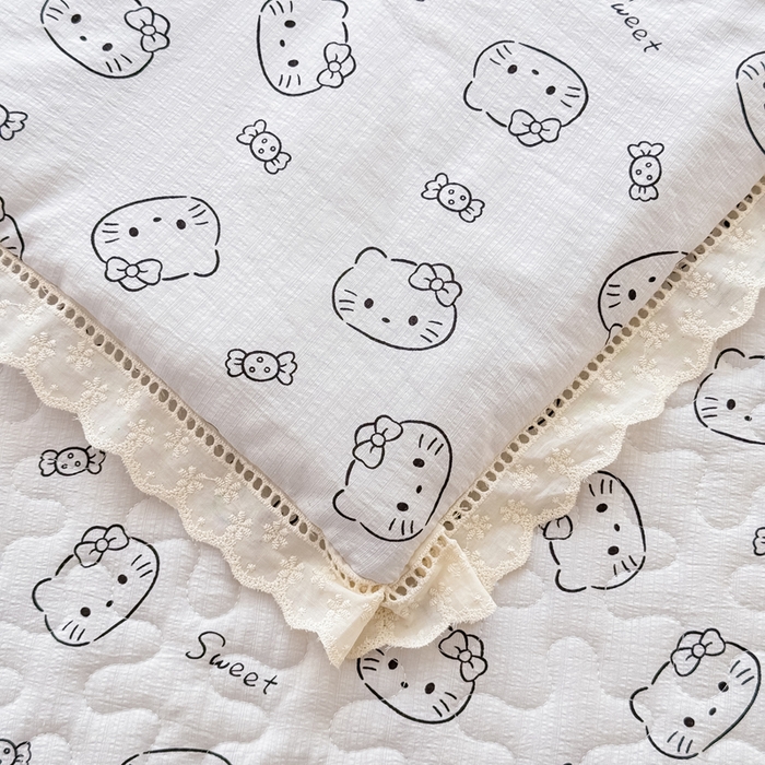 91家纺网 家纺一手货源 找家纺 梦可莱家居 2025夏季新款木棉夏被镂空花边床盖四件套 猫咪