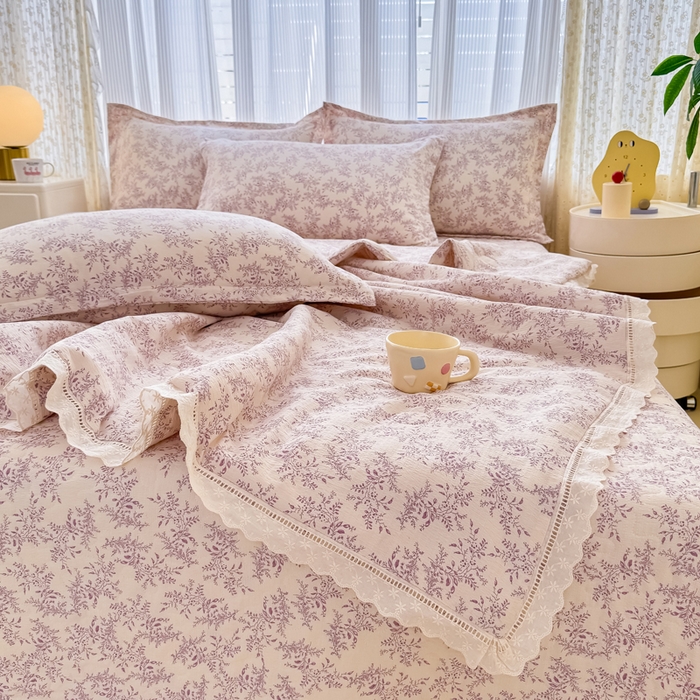 91家纺网 家纺一手货源 找家纺 梦可莱家居 2025夏季新款木棉夏被镂空花边床盖四件套 紫荆